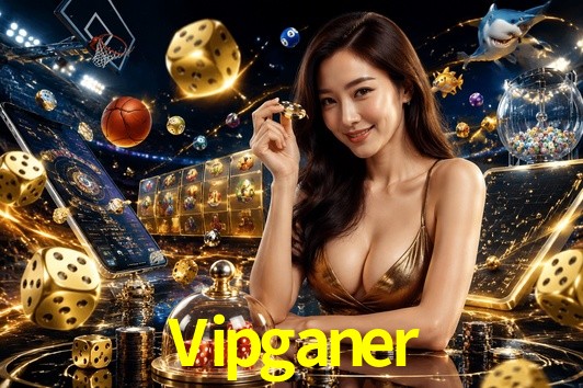 Una escena digital vívida inspirada en casino con Vipganer mostrado prominentemente, luces brillantes, fichas, cartas y acentos dorados.
