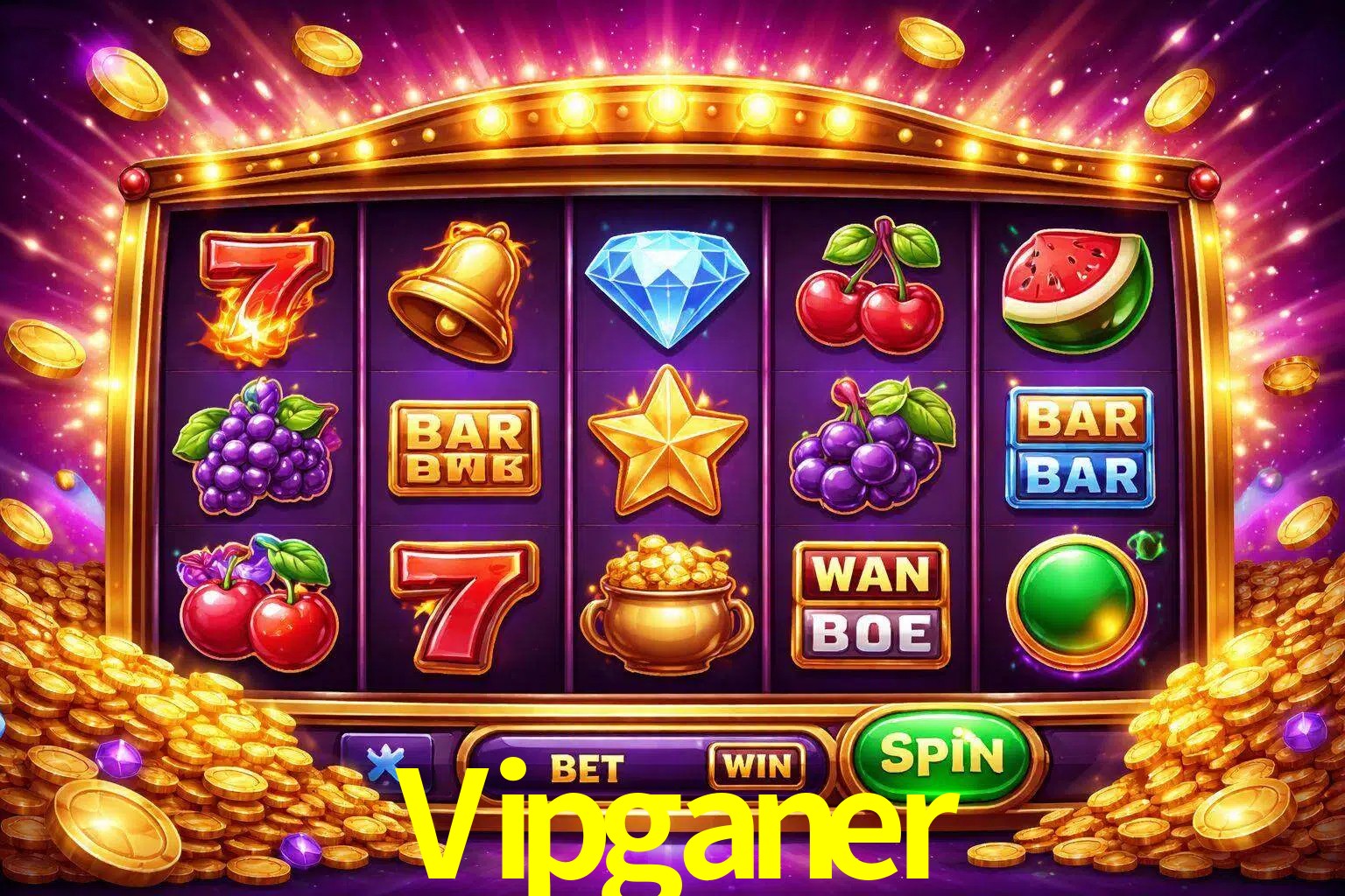 Una interfaz colorida de tragamonedas en línea con símbolos brillantes, monedas y un efecto de victoria celebratoria en Vipganer.