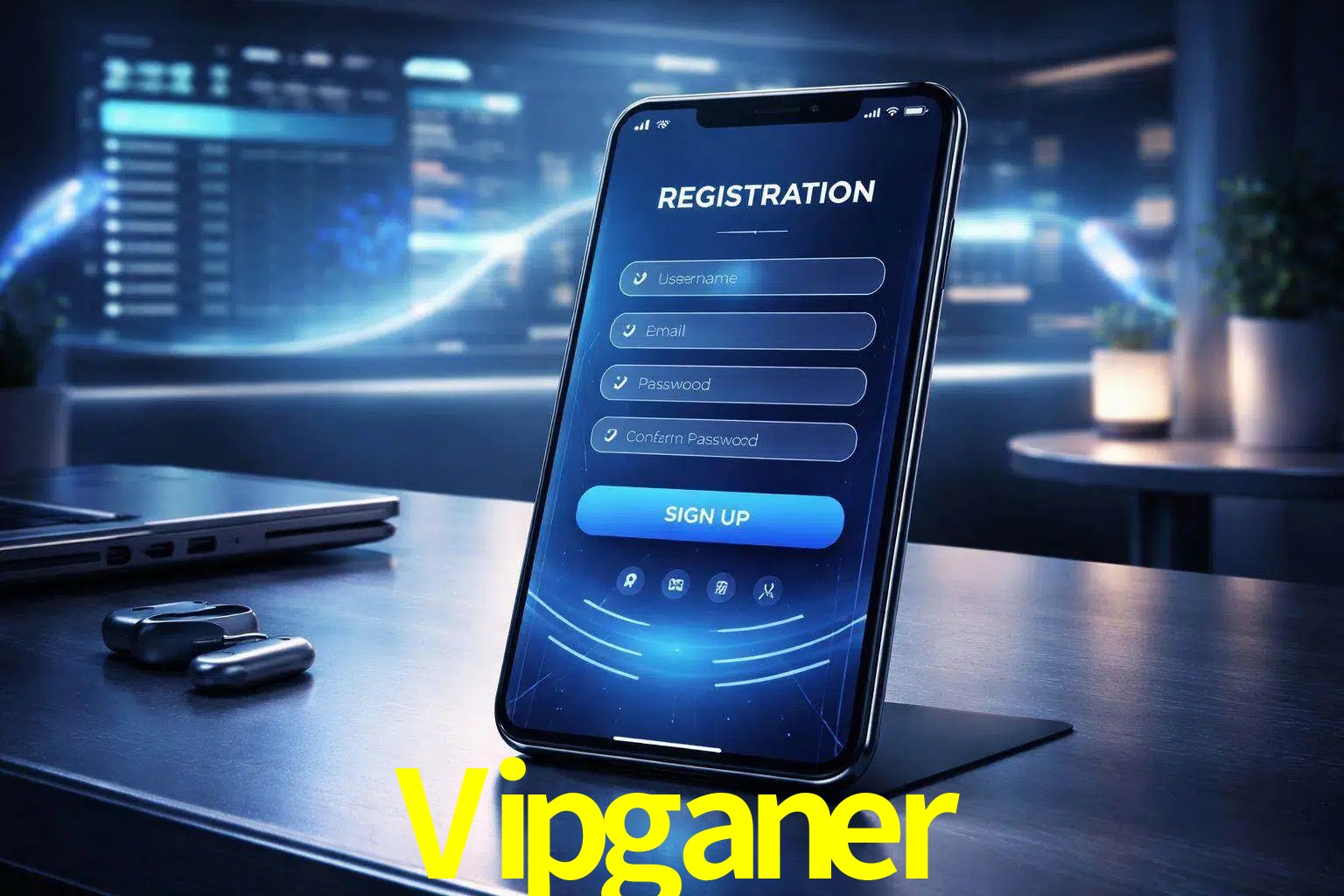 Una interfaz moderna de registro móvil para Vipganer mostrada en un smartphone con un panel de apuestas elegante.